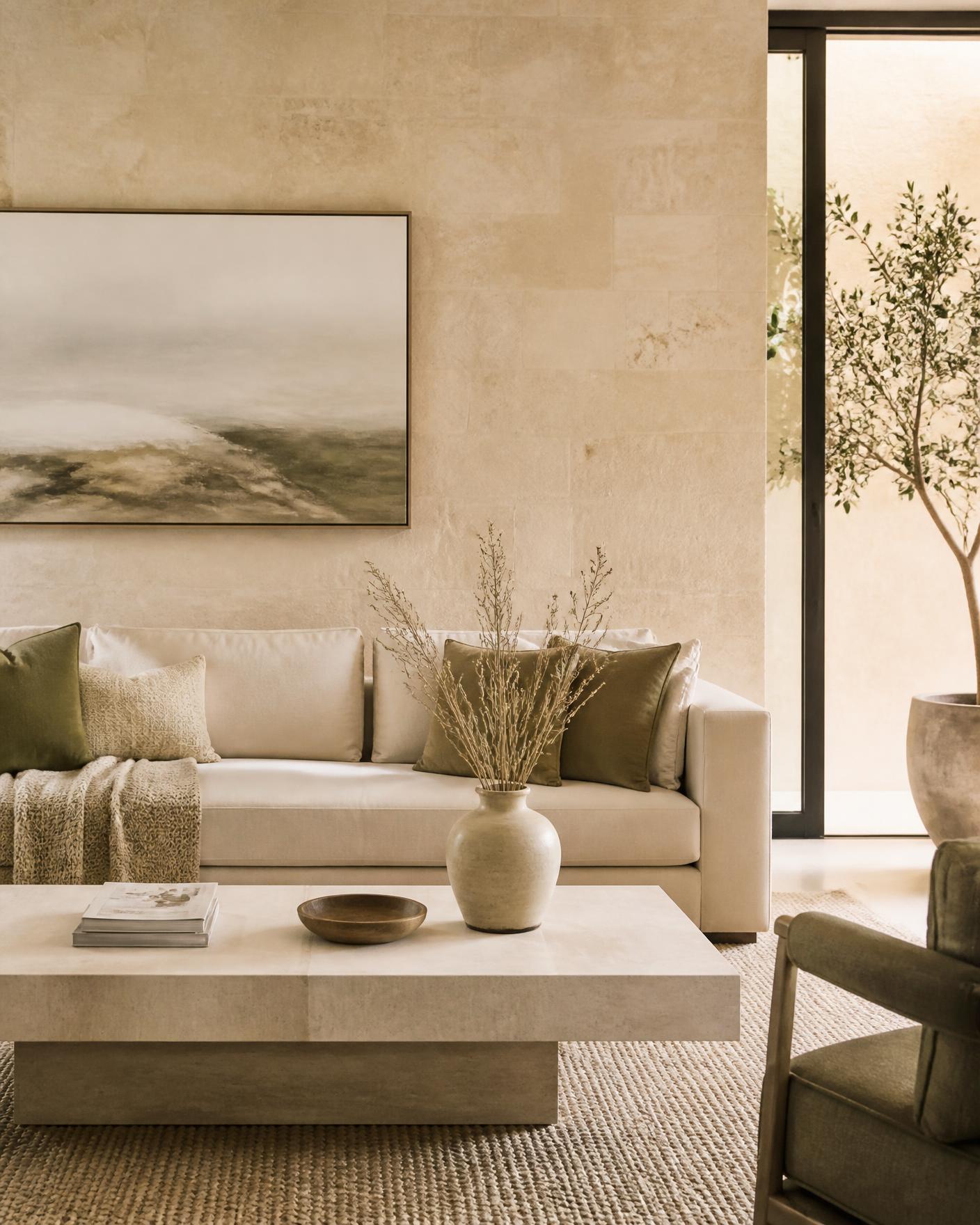 A calm, neutrally styled living room with linen sofa and olive cushions