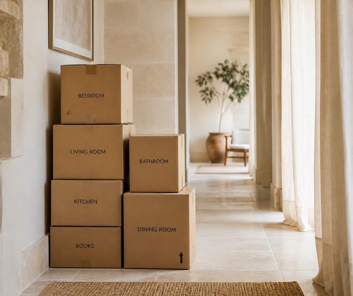 Neatly labelled moving boxes stacked in a bright hallway