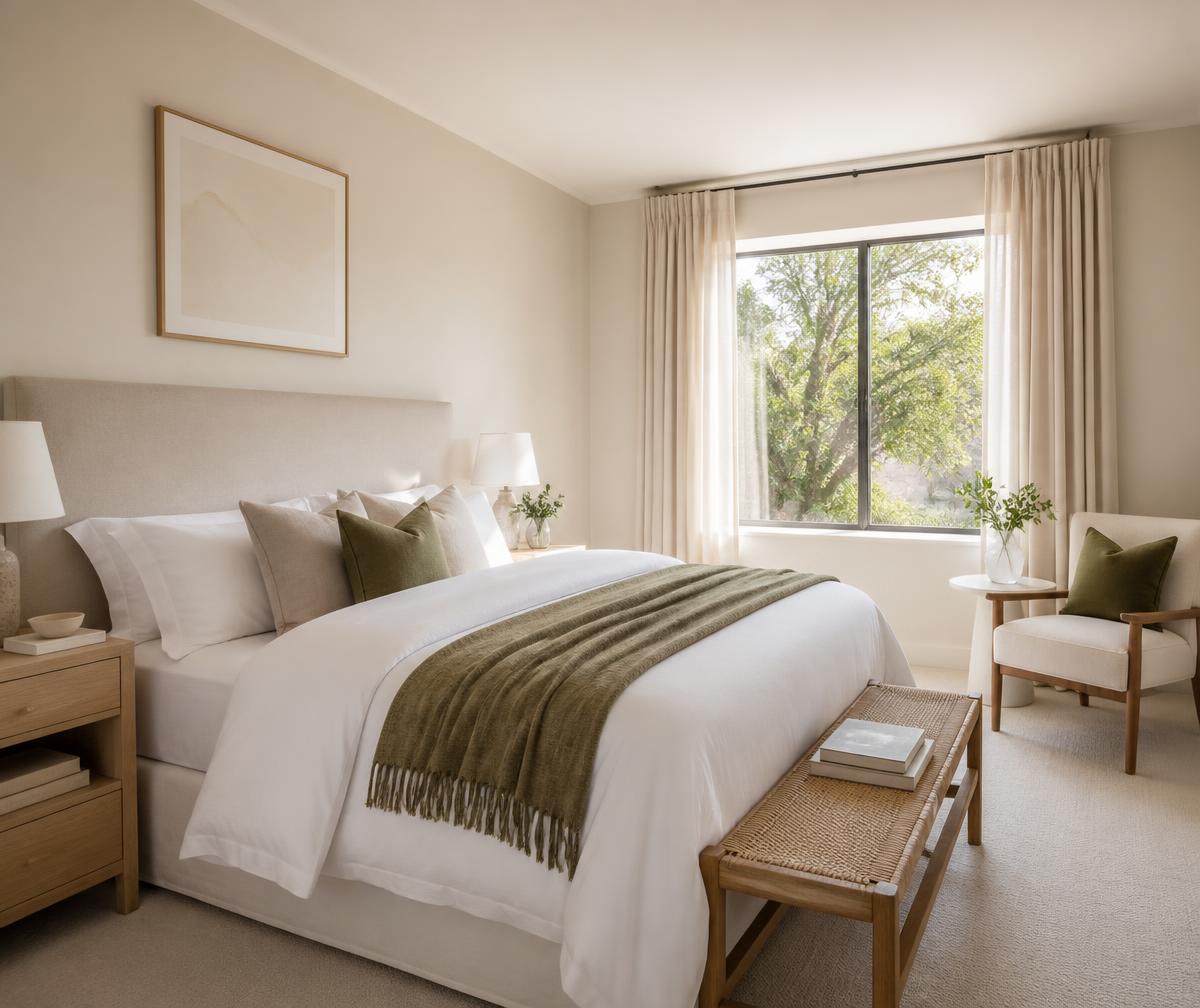 A neutral bedroom styled for estate agent photography
