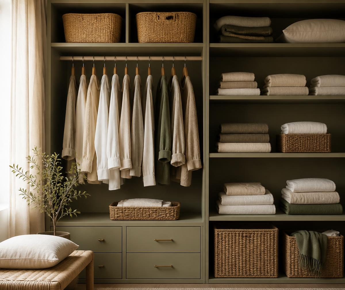 An organised wardrobe with folded linens and woven baskets